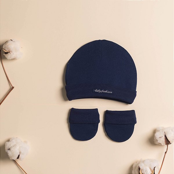 Kit Touca e Luvas Bebê Azul Marinho em Suedine Premium 100% Algodão