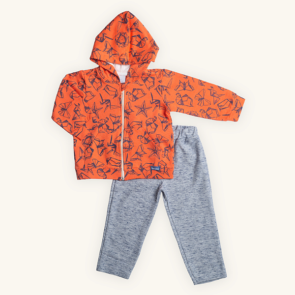 Conjunto 2 Peças Bebê Menino Capuz Origami Laranja Moletom Premium