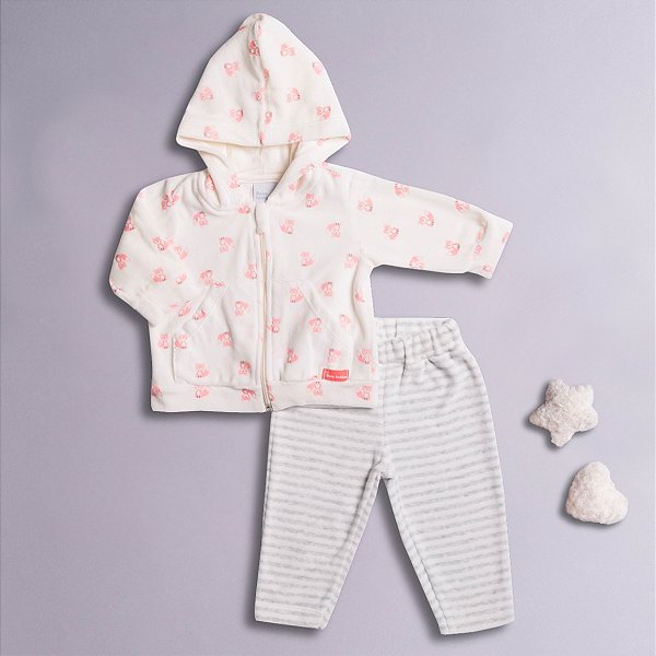 Conjunto Bebê Menina Capuz Raposinha Cru e Mescla Plush Premium