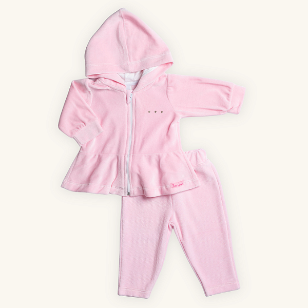 Conjunto 2 Peças Bebê Menina Capuz Estrelinhas Plush Premium Rosa