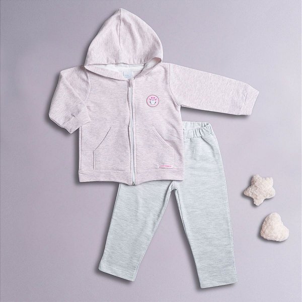 Conjunto Bebê Menina Girafa Rosa e Mescla em Moletom Felpado Premium