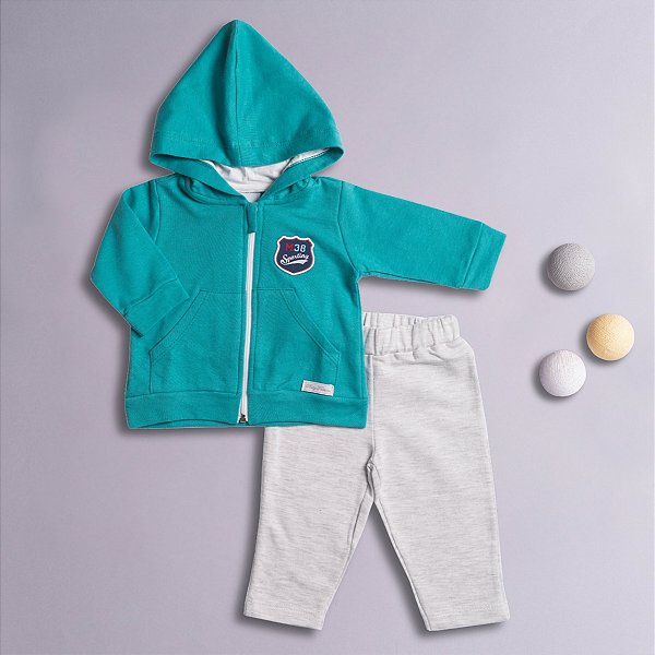 Conjunto Bebê Menino Capuz Sporting Verde e Mescla Moletom Premium