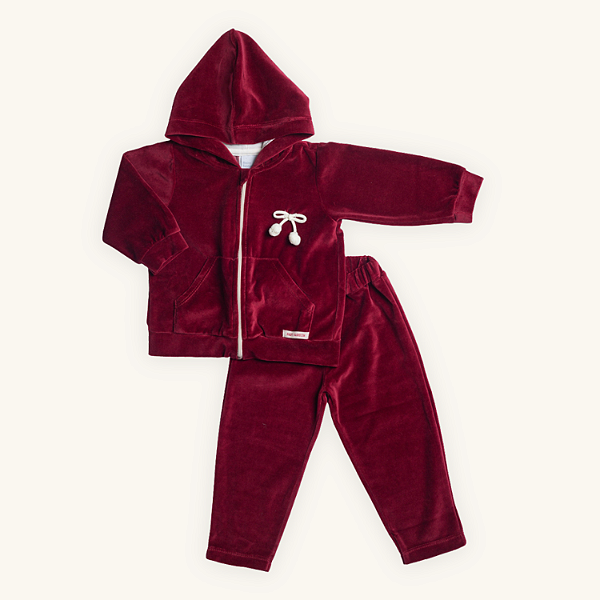 Conjunto Infantil Menina Capuz Laço Pompom Vinho Plush Premium