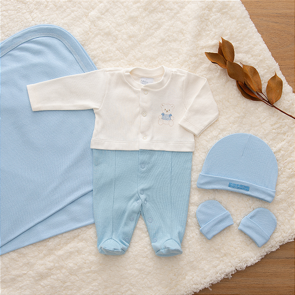 Saída Maternidade Menino Urso Azul Claro Suedine 100% Algodão