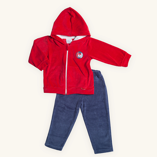 Conjunto Infantil Menino Capuz Urso Vermelho e Marinho Plush Premium