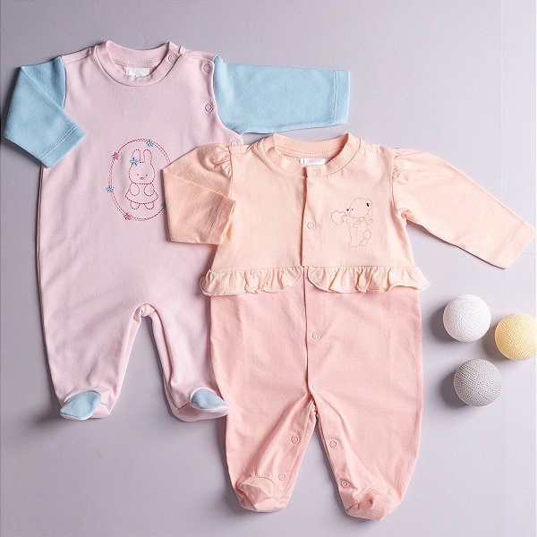 Kit Macacões Bebê Menina em Meia Malha 100% Algodão Premium (2 und)