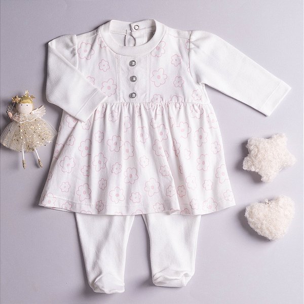Macacão Vestido Bebê Flores em Suedine 100% Algodão Saia em Tricoline