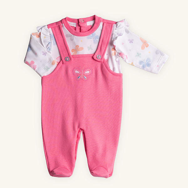 Macacão Jardineira Bebê Borboleta Suedine Premium 100% Algodão