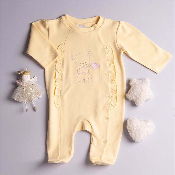 Macacão Bebê Ursa Amarelo Suedine 100% Algodão Premium