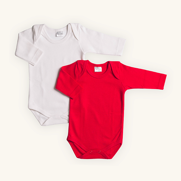 Kit Body Bebê Manga Longa Vermelho e Branco em Suedine 100%Algodão 2un