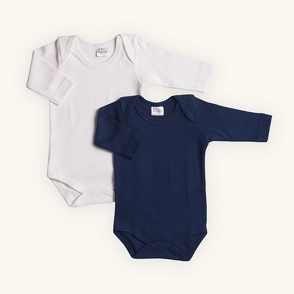Kit Body Bebê Manga Longa Marinho e Branco em Suedine 100% Algodão 2un