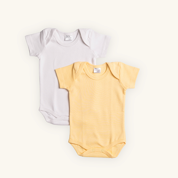 Kit Body Bebê Manga Curta Amarelo e Branco em Suedine 100% Algodão 2un