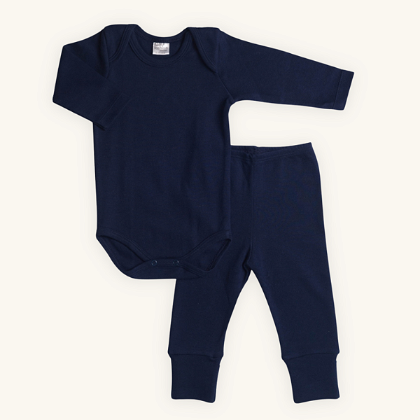 Conjunto Body e Calça Bebê Manga Longa Marinho Suedine 100% Algodão