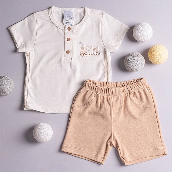 Conjunto Bebê Menino Trenzinho Camiseta Em Meia Malha E Short Suedine