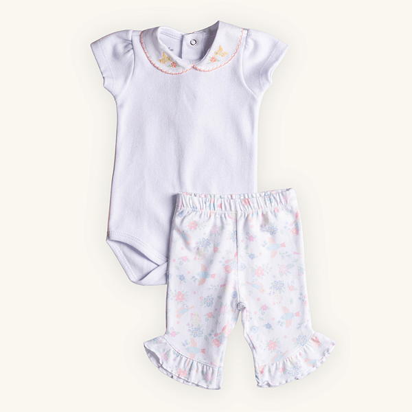 Conjunto Body Bebê Passarinhos em Suedine 100% Algodão e Cotton Nobre