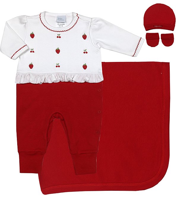 Saída Maternidade Moranguinhos Vermelho e Branco Macacão Manta Touca e Luvas Suedine Premium 100% Algodão