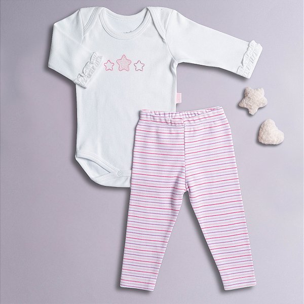 Conjunto Body e Calça Bebê Estrela em Suedine Premium 100% Algodão
