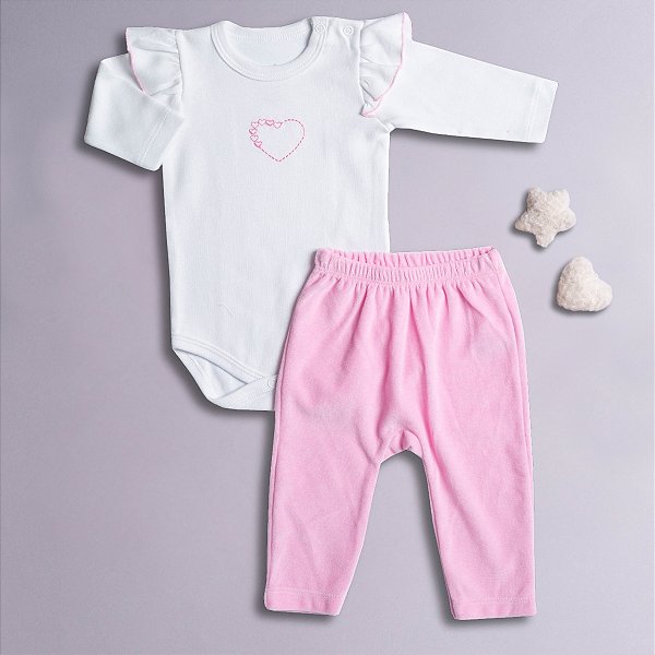 Conjunto Body e Calça Bebê em Suedine 100% Algodão com Calça em Plush