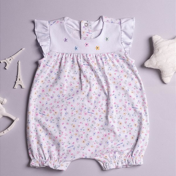 Macaquinho Bebê Romper Flores Cotton e Suedine 100% Algodão Nobre