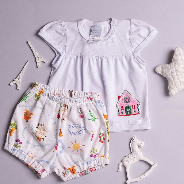 Conjunto Bebê Menina Fazendinha Bata Meia Malha e Short em Tricoline