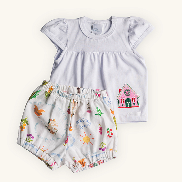 Conjunto 2 Peças Bebê Menina Fazendinha Bordada Meia Malha Short