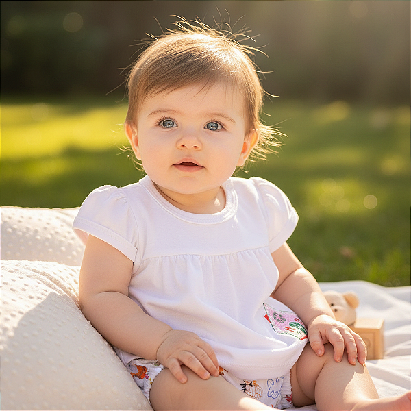 Conjunto Bebê Menina Fazendinha Bata Meia Malha e Short em Tricoline