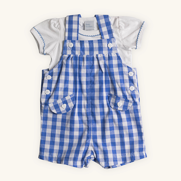 Jardineira Bebê com Camiseta Grécia Tricoline e Meia Malha 100% Algodão