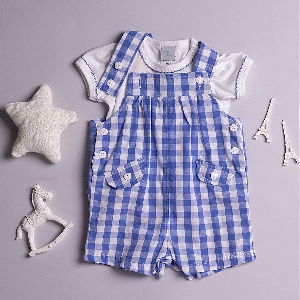 Jardineira Bebê com Camiseta Grécia Tricoline e Meia Malha 100% Algodão