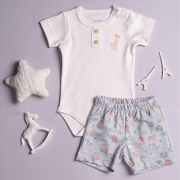 Conjunto Body Bebê em Suedine 100% Algodão e Short em Cotton Nobre
