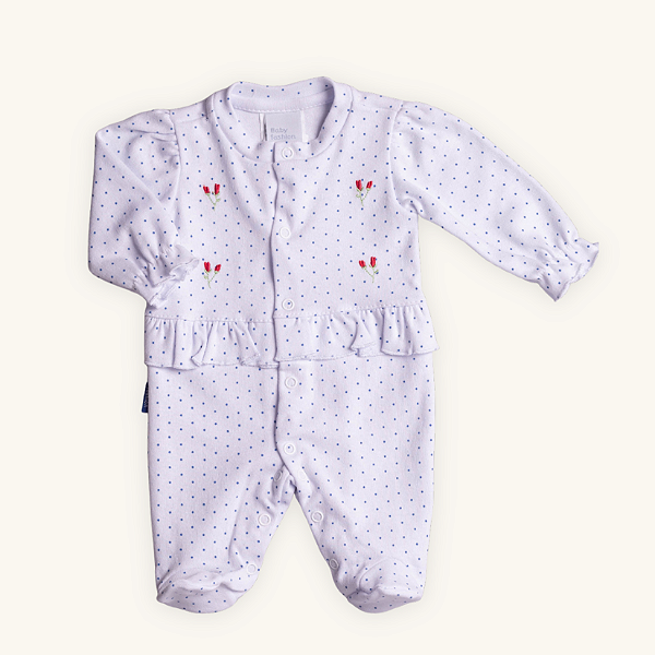Macacão Bebê Flor Pois em Suedine Premium 100% Algodão