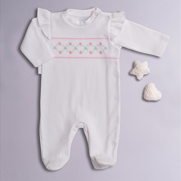 Macacão Bebê Menina Florzinhas Branco Mini Tricot 100% Algodão