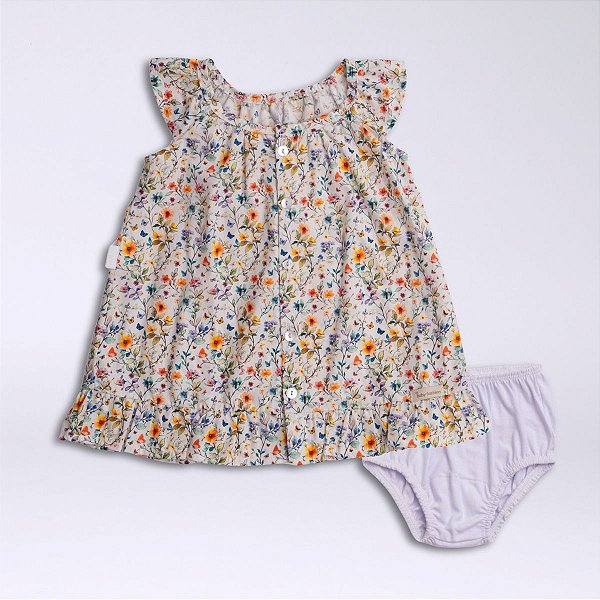 Vestido Bebê Tricoline 100% Algodão Flores e Borboletas com Calcinha