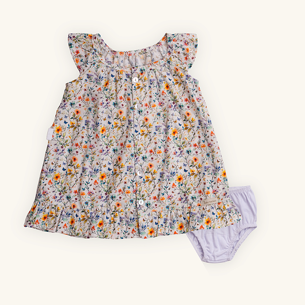 Vestido Bebê Tricoline 100% Algodão Flores e Borboletas com Calcinha