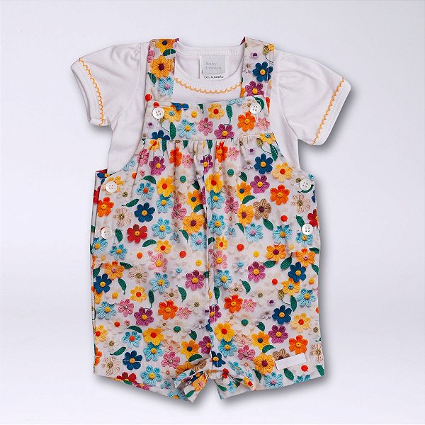 Jardineira Bebê Menina Flores 3D Tricoline Algodão Premium e Camiseta