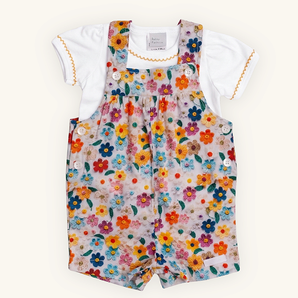 Jardineira Infantil Flores 3D Algodão Premium com Camiseta Branca