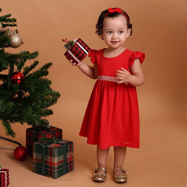Vestido Infantil Natal Vermelho Com Laço 100% Algodão Premium