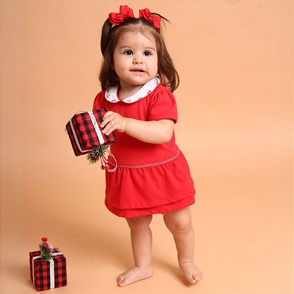 Vestido Body Bebê Natal Vermelho Gola Cerejinhas 100% Algodão Premium