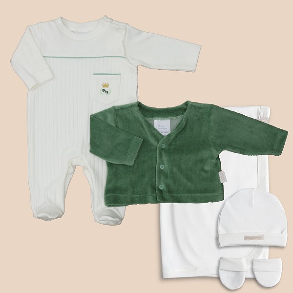 Saída Maternidade Menino 5 itens Cru e Verde 100% Algodão