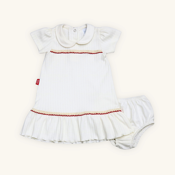 Vestido Bebê Chique Cru e Calcinha Suedine 100% Algodão Premium