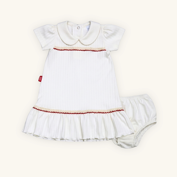 Vestido Bebê Chique Cru e Vermelho Suedine Canelada 100% Algodão