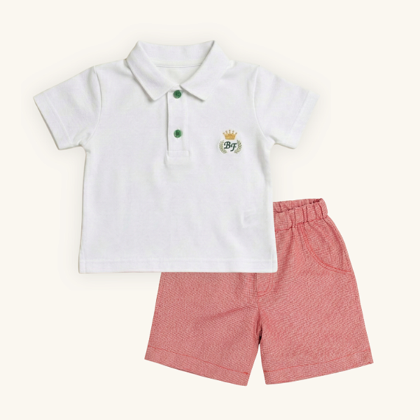 Conjunto Infantil Polo Branca e Short Vermelho 100% Algodão