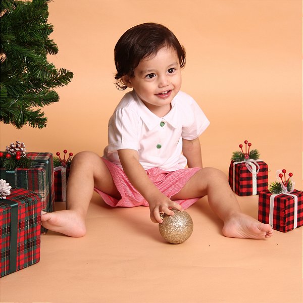Conjunto Infantil Natal Polo Branca e Short Vermelho 100% Algodão