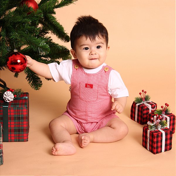 Jardineira Bebê Tricoline Natal Vermelha Vichy com Camiseta Algodão