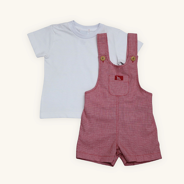 Jardineira Bebê Tricoline Vermelha Vichy com Camiseta Algodão