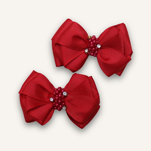 Presilha Bebê Vermelha Bico de Pato Laço Gorgurão Pérolas e Brilhos