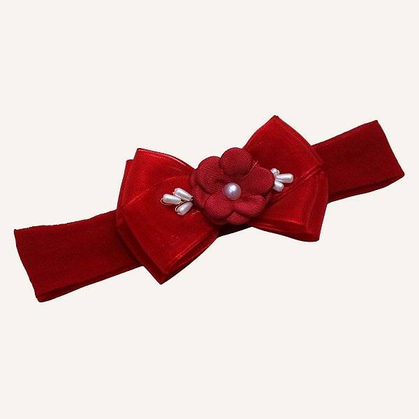 Faixa de Cabelo Bebê Vermelha Meia de Seda Laço Cetim Flor com Pérolas