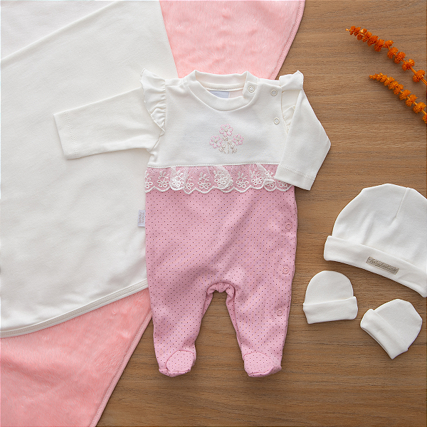 Saída Maternidade Menina Rosa e Cru Flores Suedine 100% Algodão