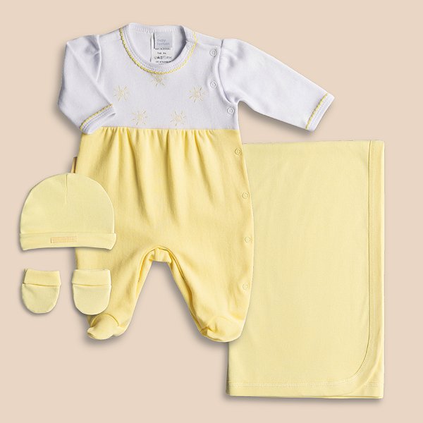 Saída Maternidade Menina Branco e Amarelo Suedine 100% Algodão