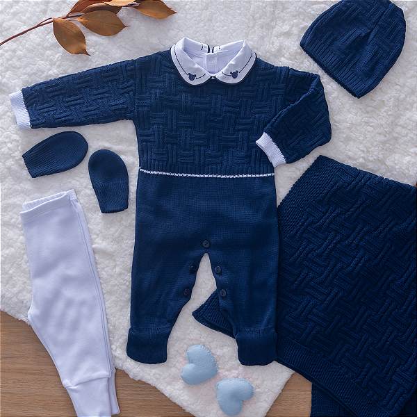 Saída Maternidade Menino Tricot Marinho 6 Peças Premium