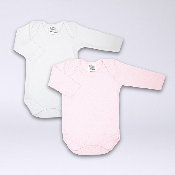 Kit Body Bebê Manga Longa Branco e Rosa Suedine 100% Algodão 2un